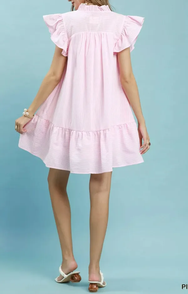 Striped V-Neck Tiered Smocked Dress