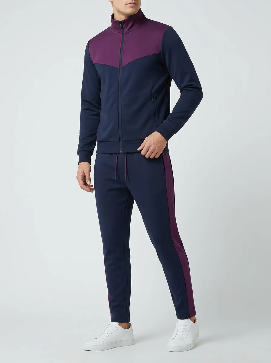 Men's Leisure Zip Front Tracksuit with Colorblock Design