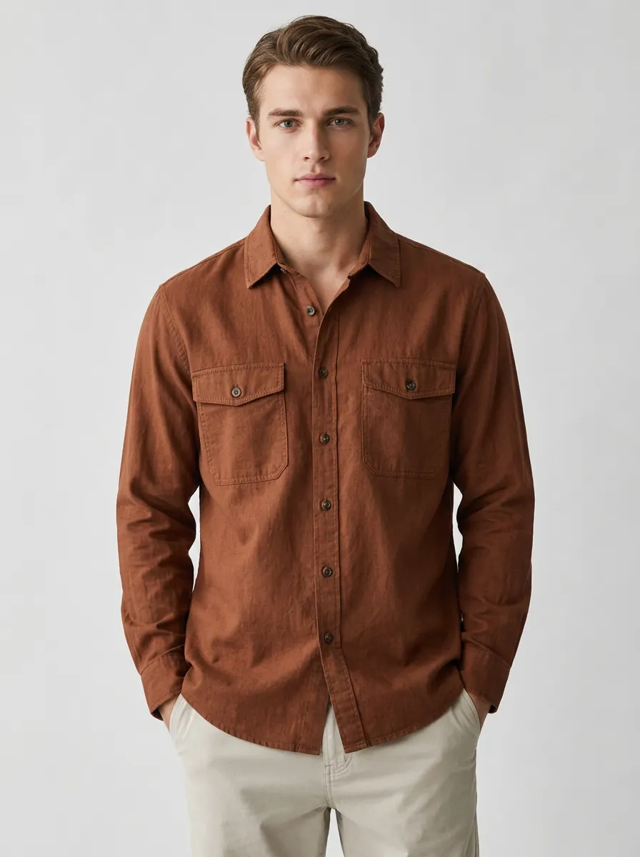 Men's Casual Breathable Brown Solid Color Long Sleeve Button Down Shirt