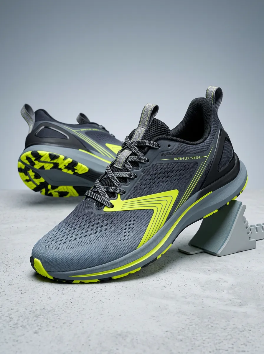 Men's Neon Yellow Grey Athletic Running Printed Shoes