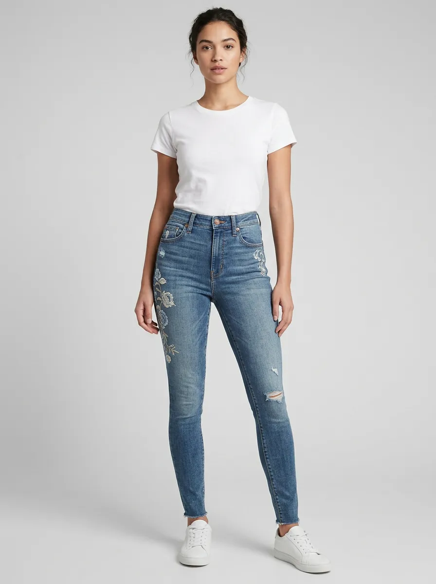 Women's Summit Floral Embroidery Distressed Printed Slim Jeans