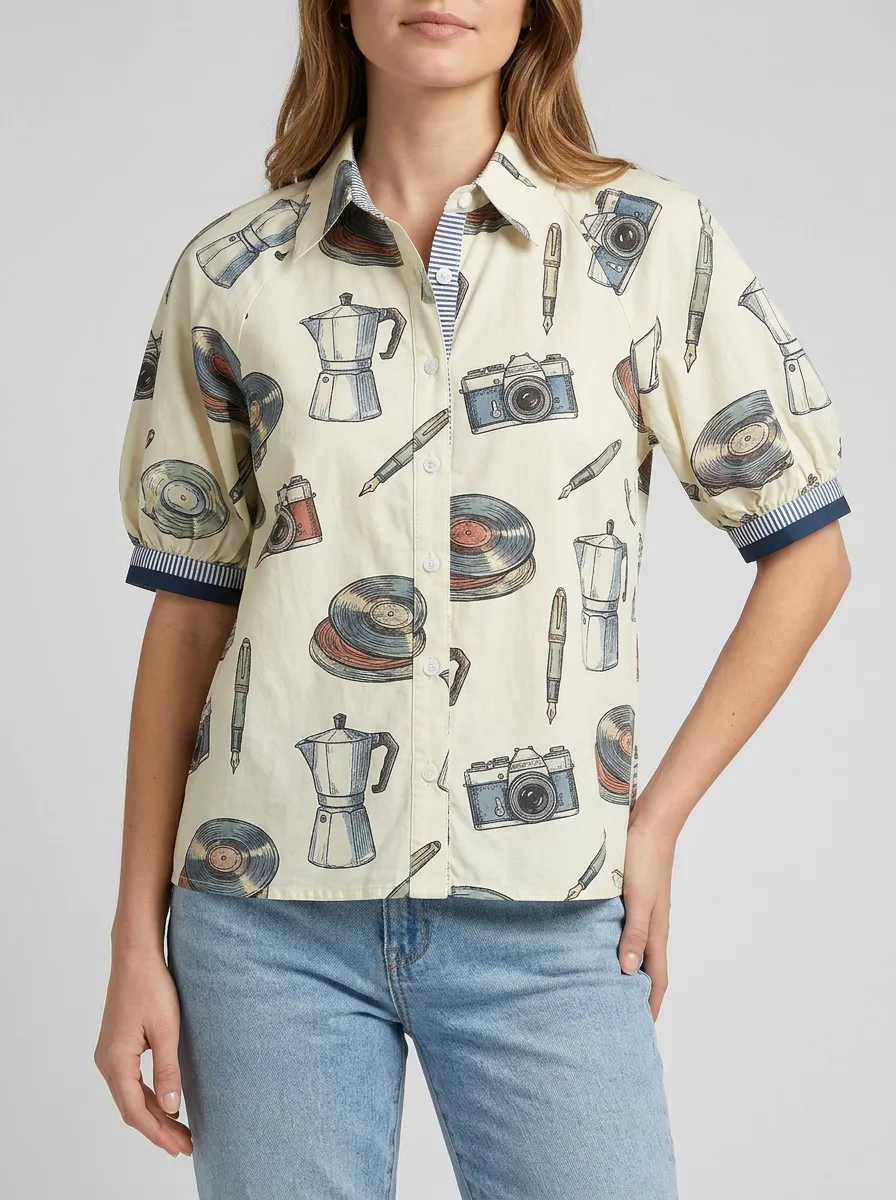 Women's Vintage Hobby Lover Camera Vinyl Coffee Printed Shirt