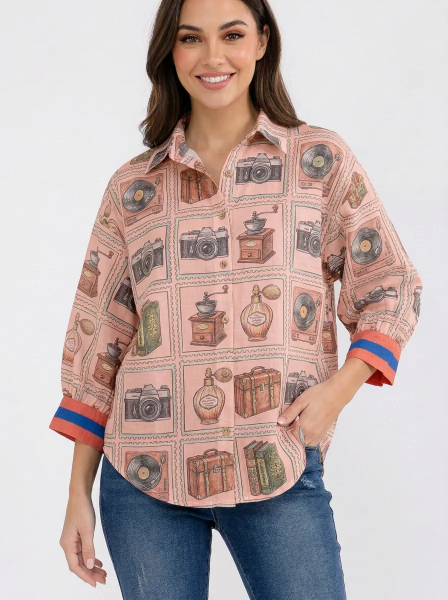 Women's Vintage Hobby Lover Stamp Pattern Graphic Button-Up Shirt