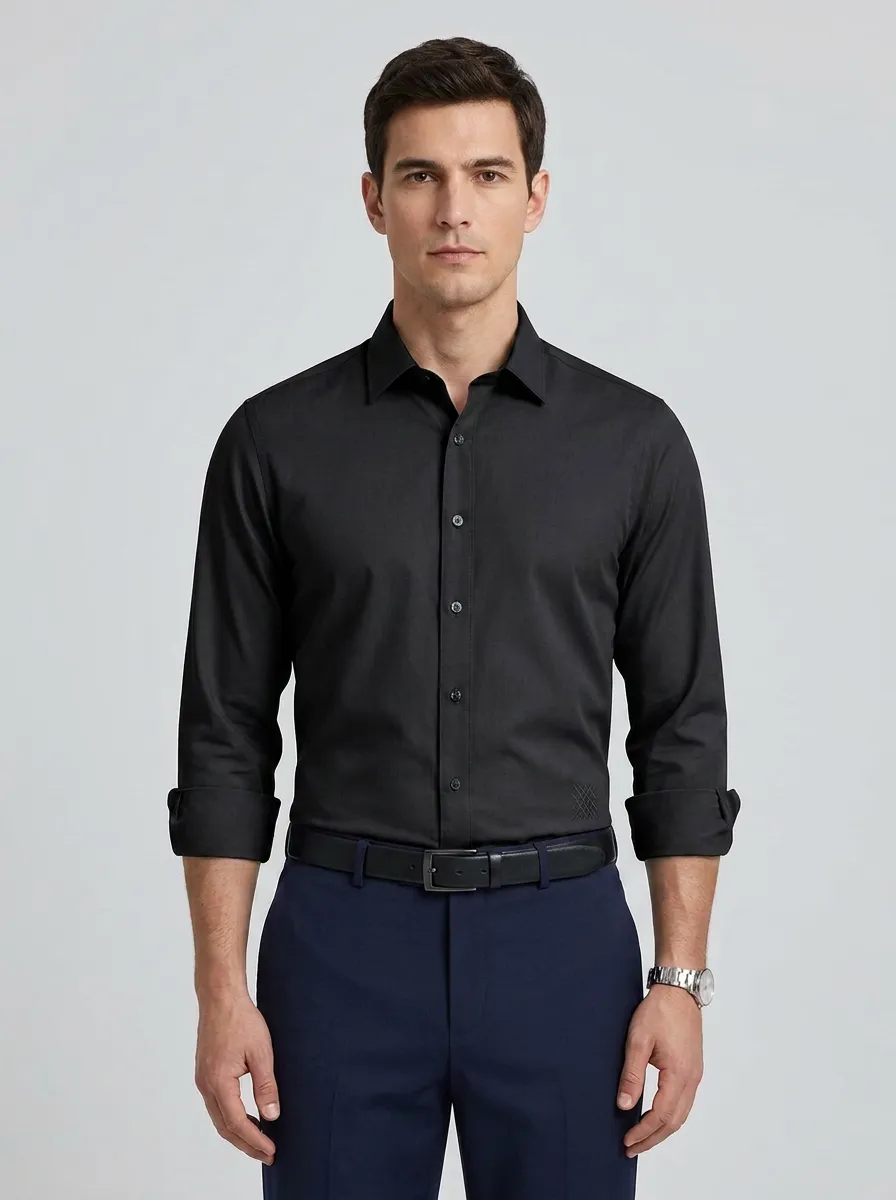 Men's Non-Iron Cotton Solid Grey Minimalist Embroidered Dress Shirt