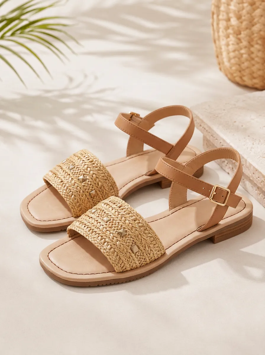 Women's Summer Beach Studded Woven Strap Flat Sandals