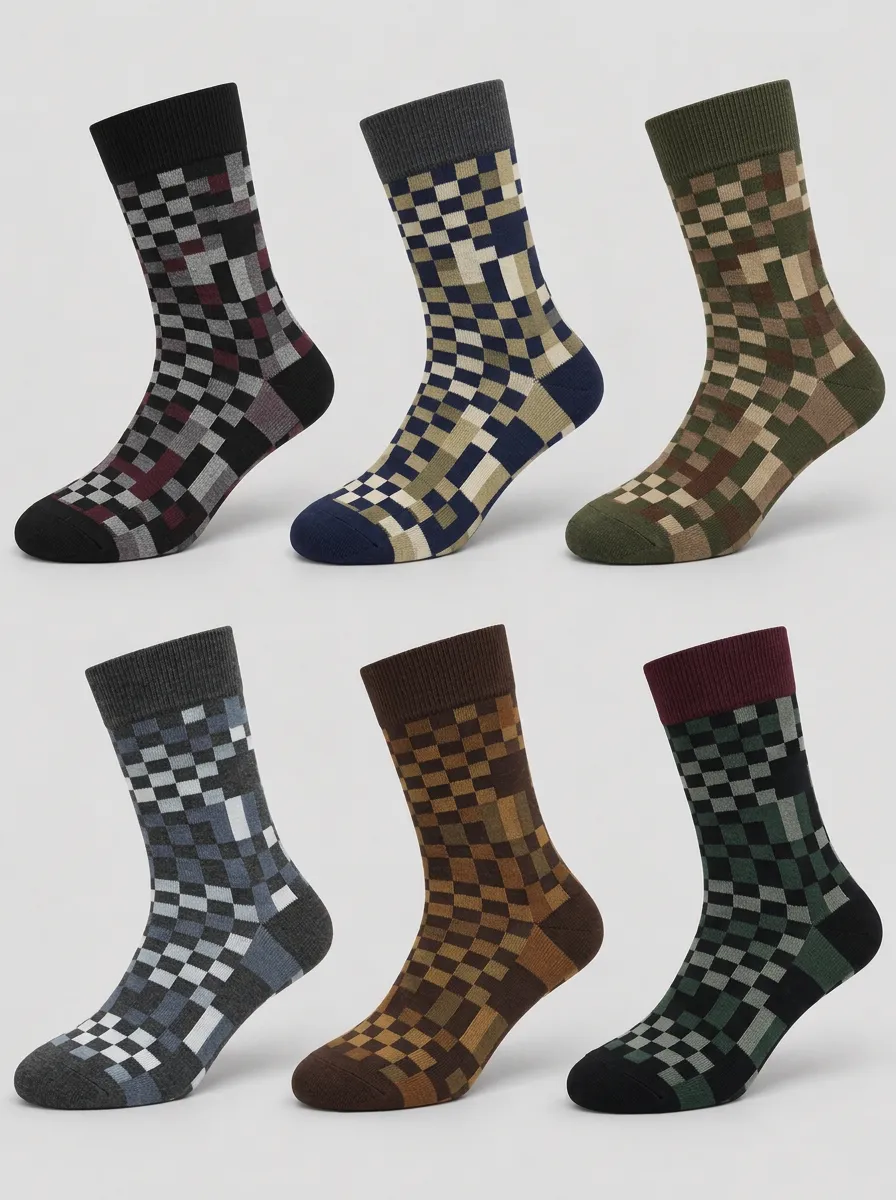 Men's Geometric Checkered Pattern Printed Crew Socks 6-Pack