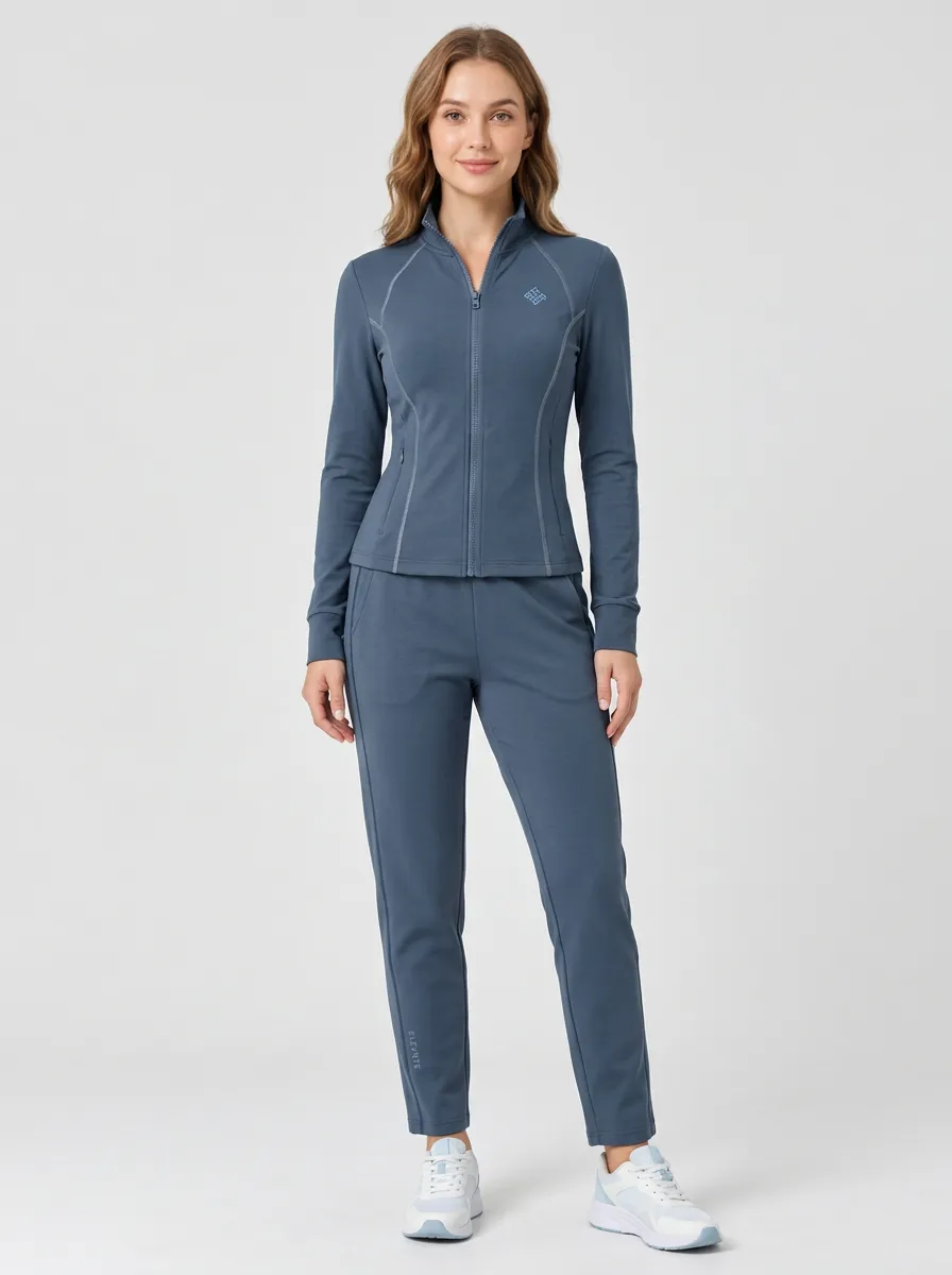 Women's Athletic Fitness Blue Zip-up Tracksuit Set