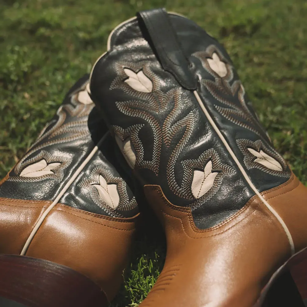 Faux-Leather Embroidered Floral Snip-Toe Mid-Calf Boots