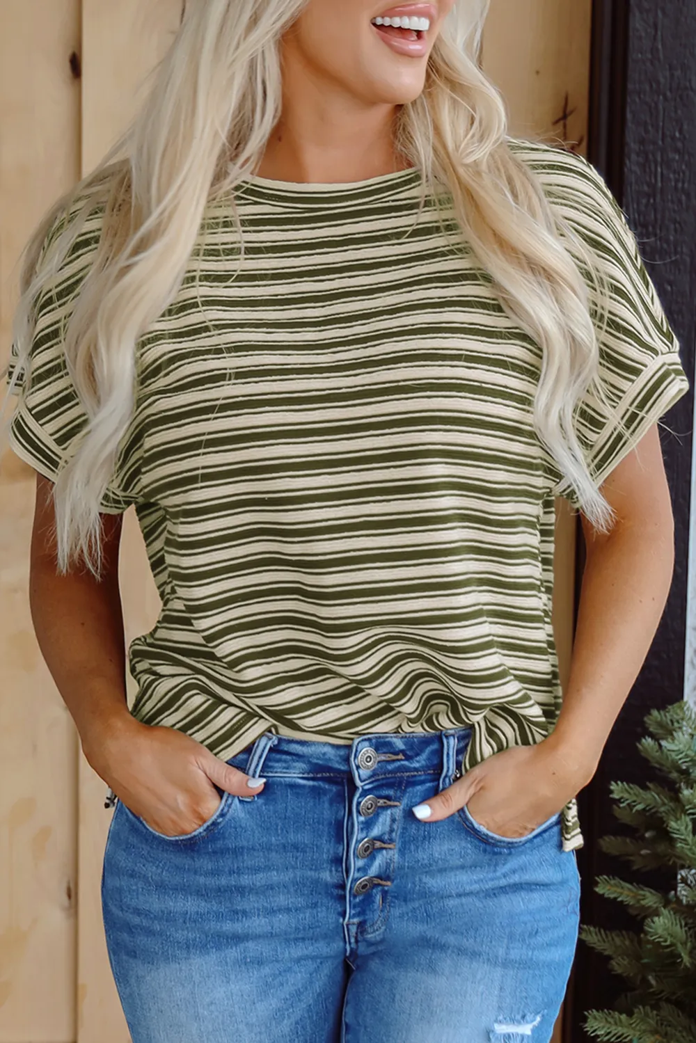 Brown Stripe Textured Side Slits Tee