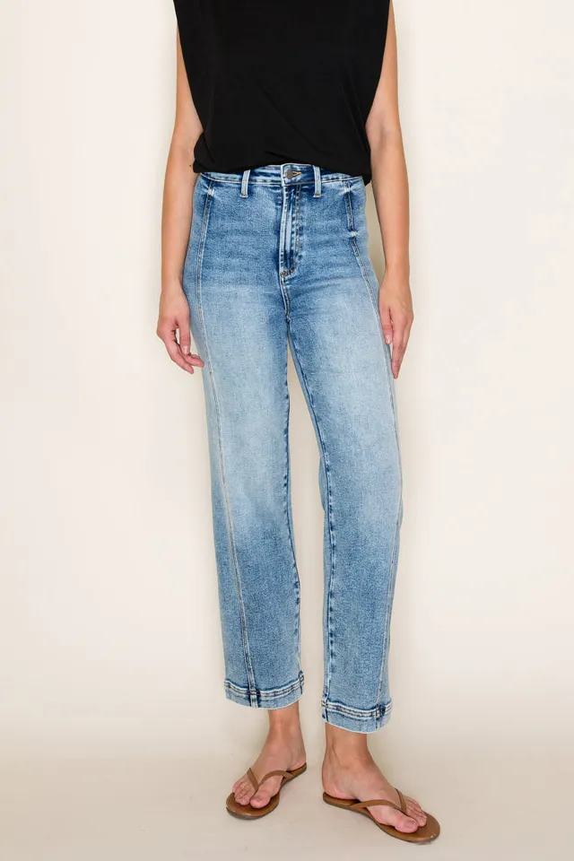 Women's High Rise Front Seam Cropped Cropped Straight Stretch Denim Jeans