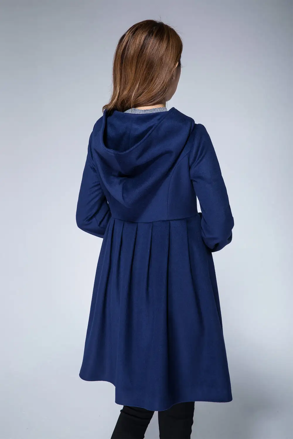 Wool Blend Fit and Flare Hooded Lantern Sleeve Pocketed Short Coat