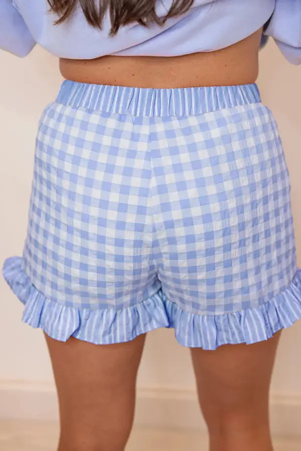 Elastic-Waist Ruffled Cotton Plaid Casual Shorts