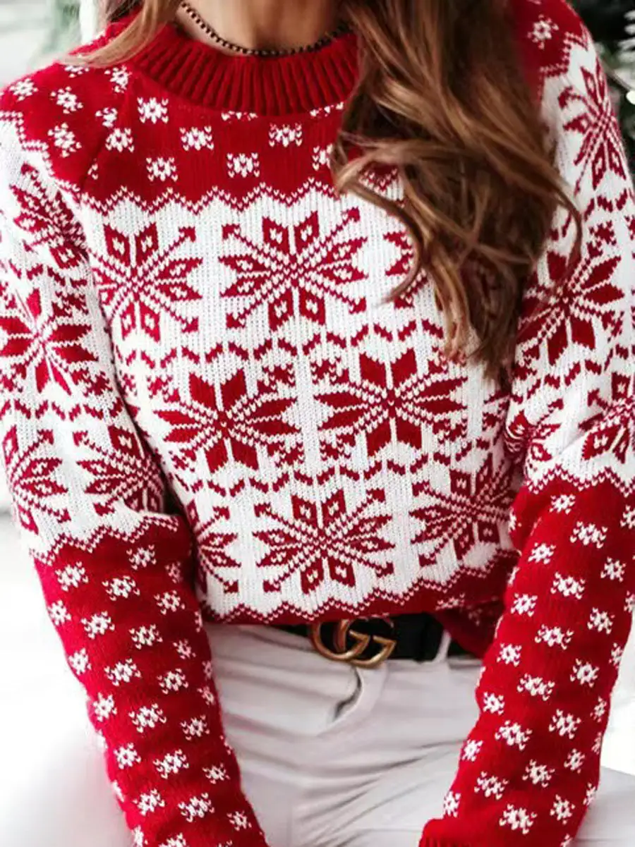 Floral Knit Floral Detail Round Neck Long Sleeve Pullover Sweater