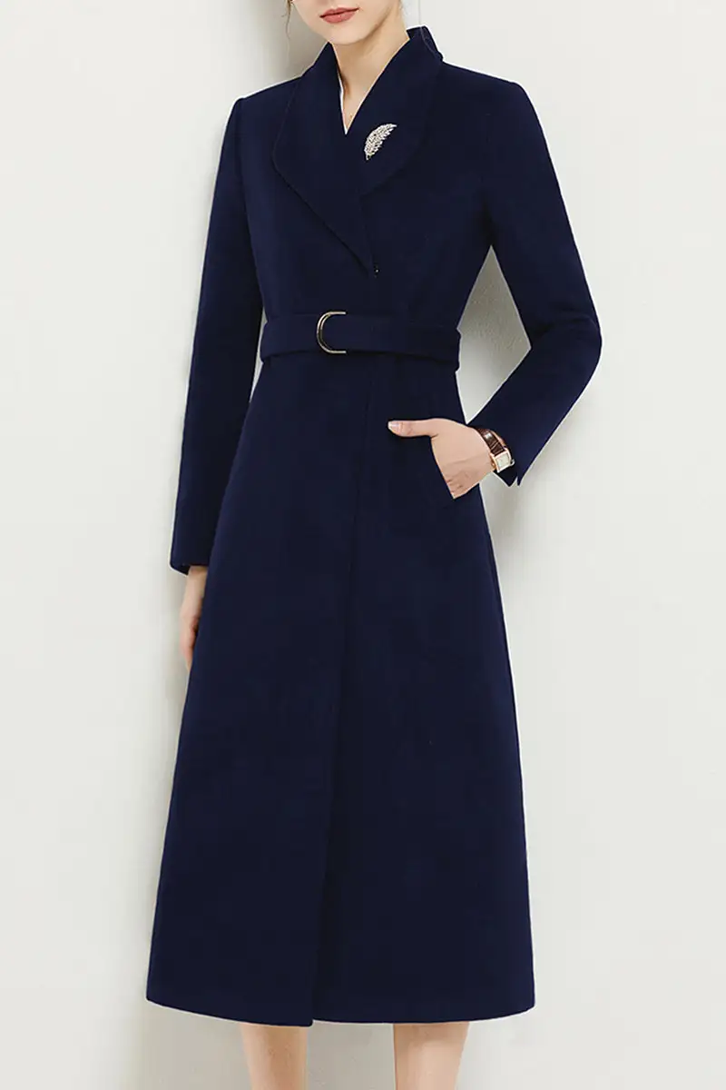 Refined Wool Blend Tailored Belted Pocketed Button Front Coat