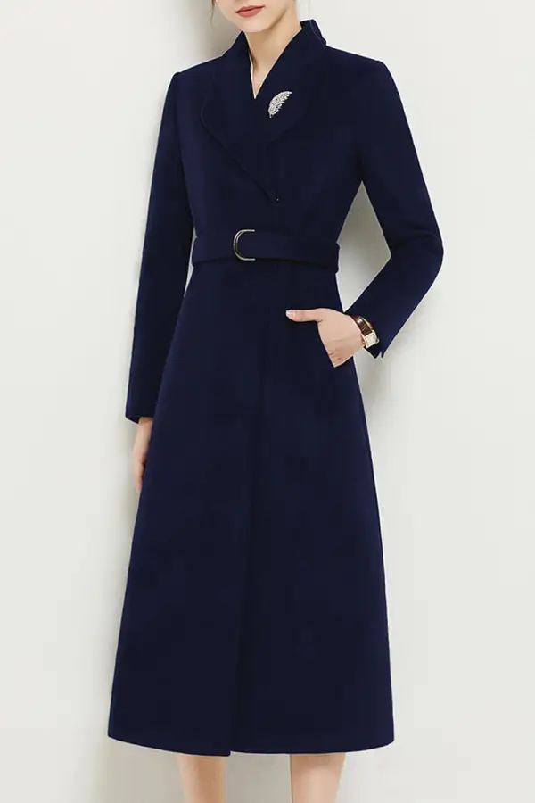 Refined Wool Blend Tailored Belted Pocketed Button Front Coat