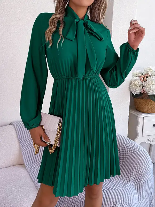 Long Sleeve Relaxed Pleated Solid Color Tied Mock Neck Mini Dress