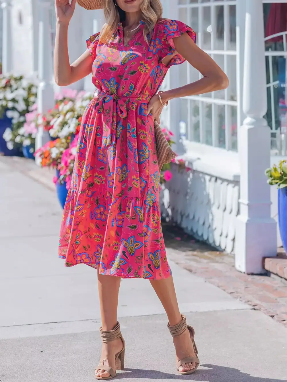 Comfort Fit Floral Tie Waist Flutter Sleeve Dress