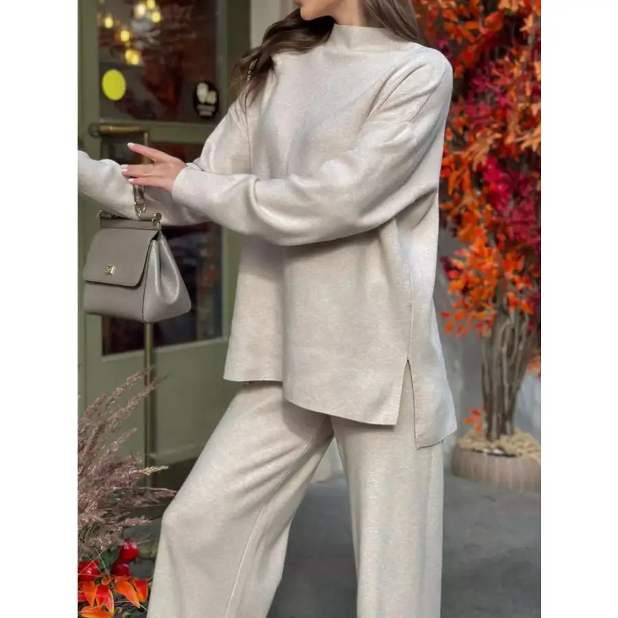 Slit Mock Neck Top and Pants Sweater Set