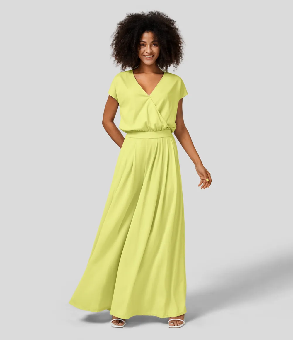 V Neck Short Sleeve Plicated Side Pocket Wide Leg Flowy Waffle Casual Jumpsuit