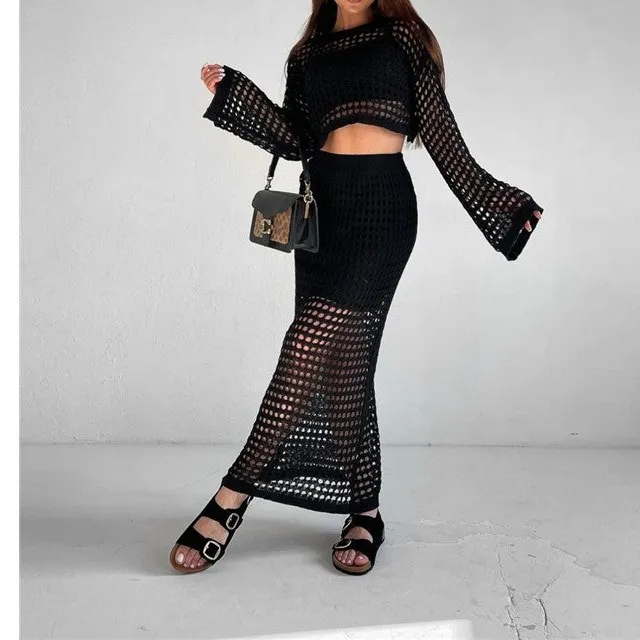 Structured Knit Lace Blouse And Long Skirt Set