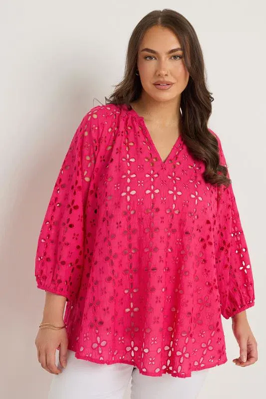 Pink Long Sleeve Broderie Blouse