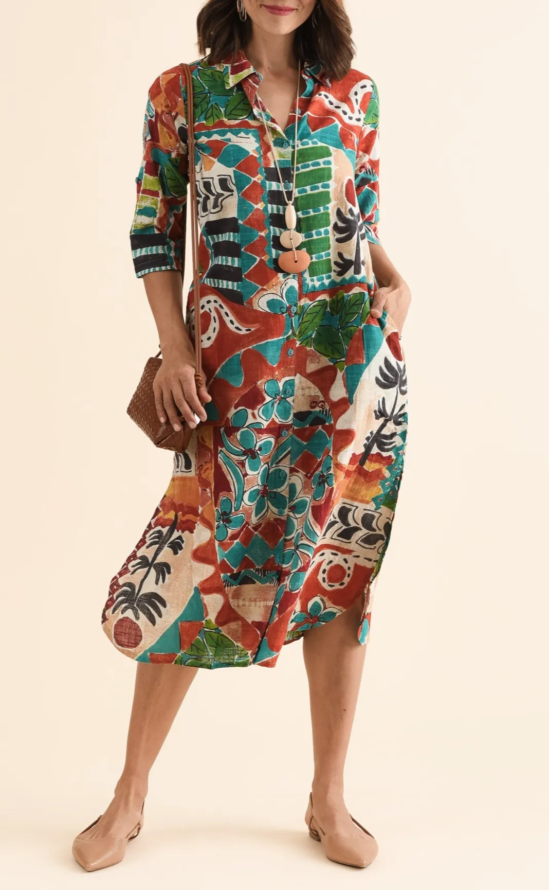 Below-Knee Abstract Cotton Pocket Collared Half-Sleeve A-Line Shirt Dress