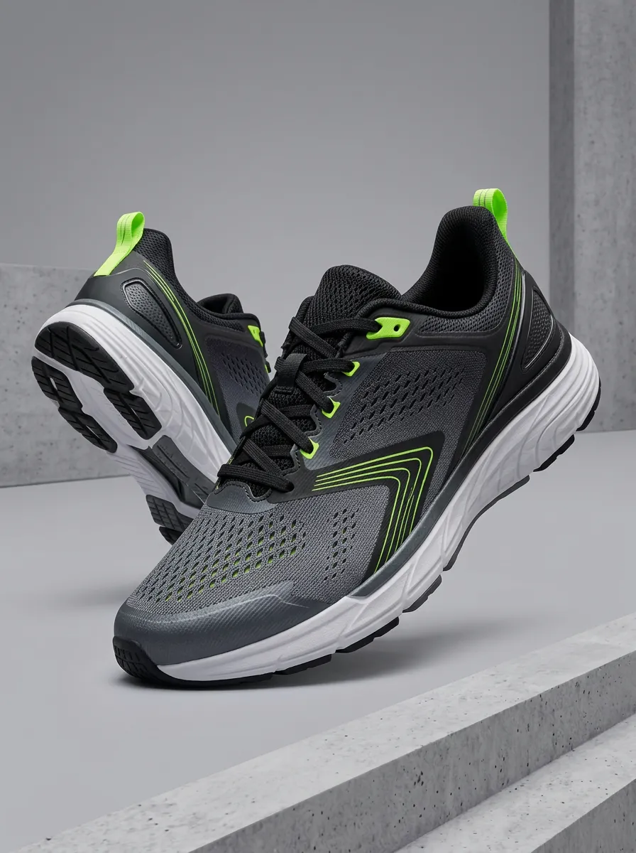Men's Neon Green Accents Grey Mesh Printed Running Shoes