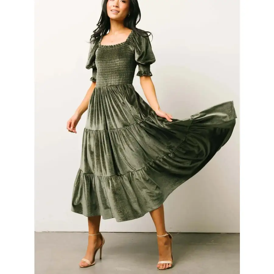 Smocked Half Sleeve Tiered Midi Dress
