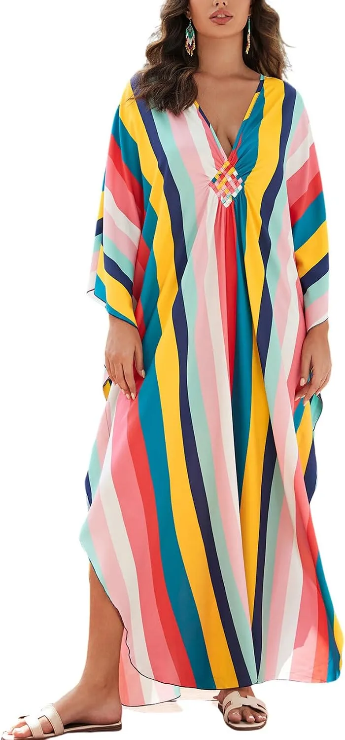 KECVOT Kaftan Dresses for Women Plus Size Batwing Sleeve Caftans Long Bathing Suit Cover Up Maxi Beach Dress Loungewear