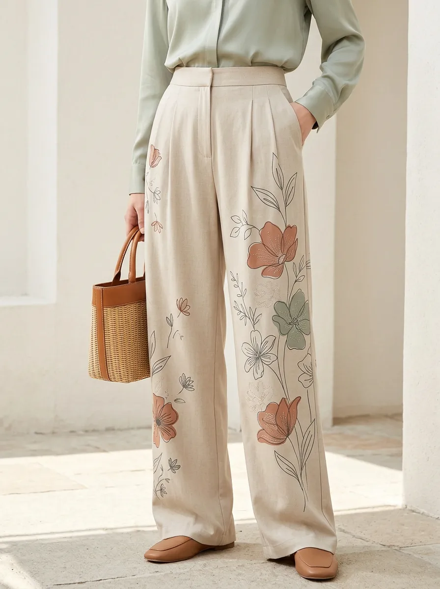 Women's Beige Floral Embroidered Hem Motif High-Waisted Wide-Leg Trousers