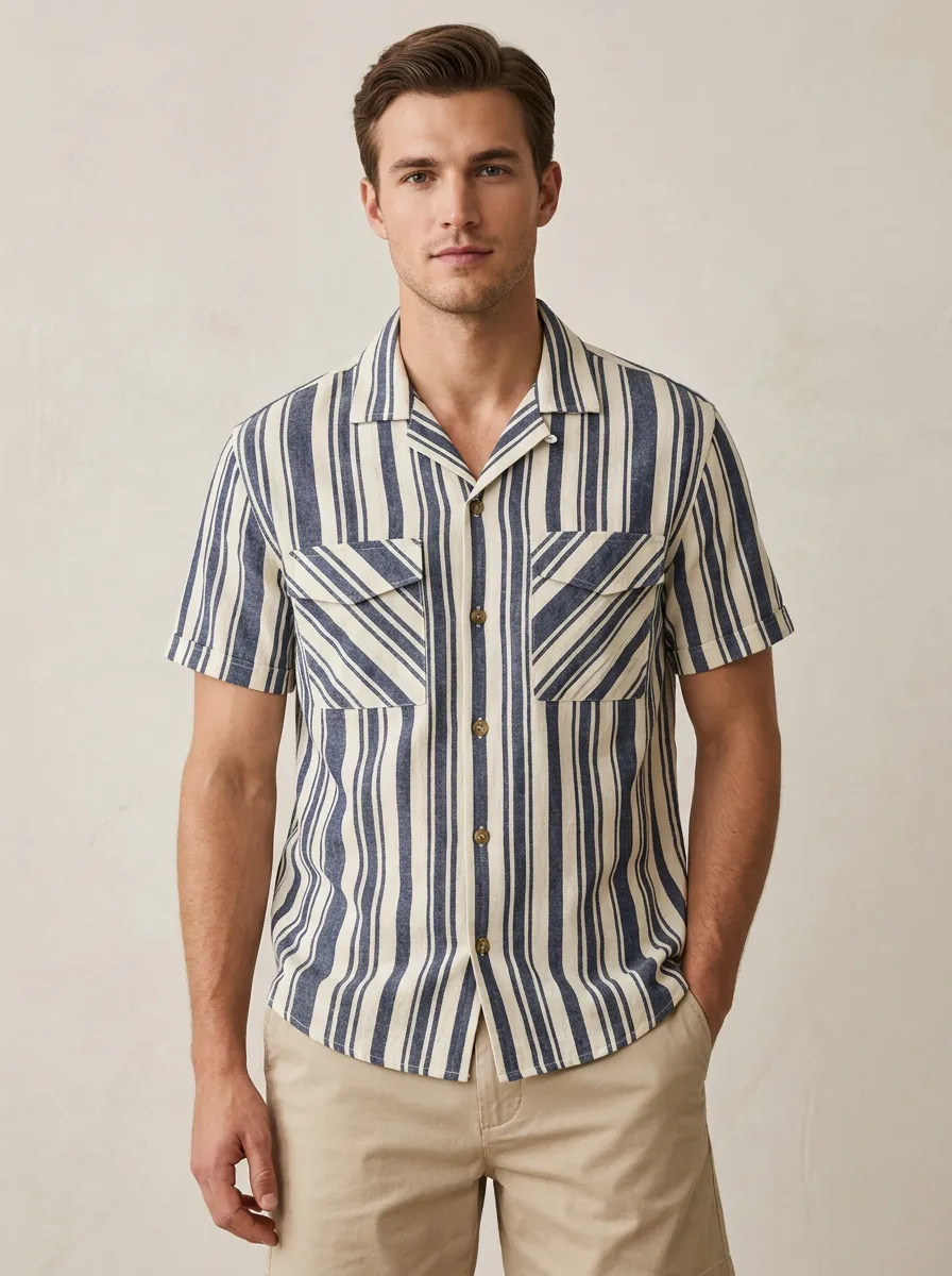 Men's Navy and Cream Striped Camp Collar Shirt