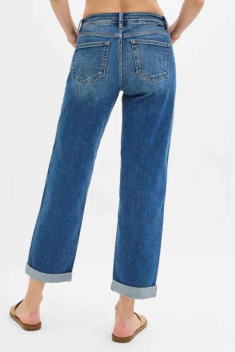 Mid Rise Cuffed Hem Straight Leg Jeans