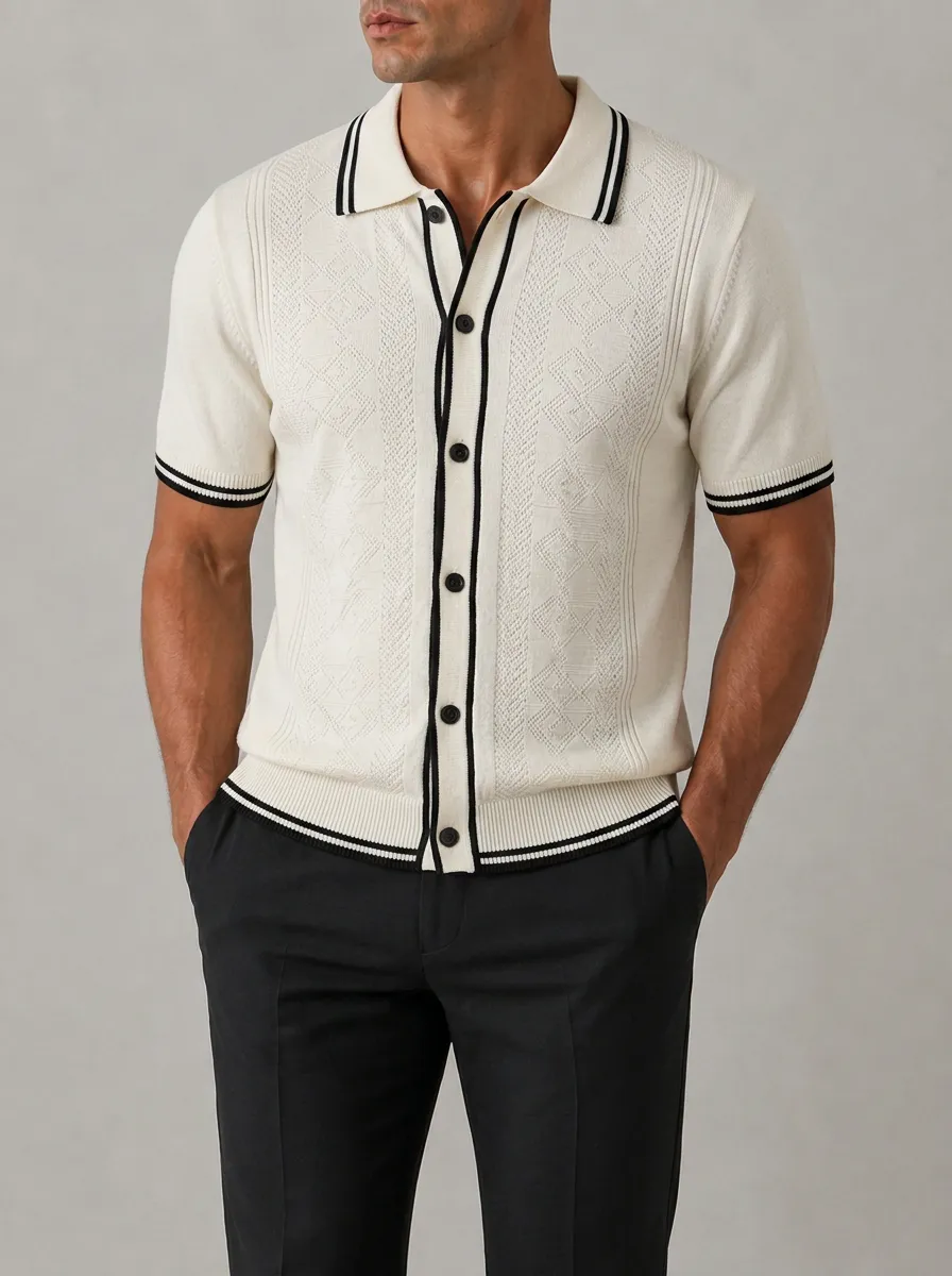 Men's Textured Knit Button-Down Polo Shirt