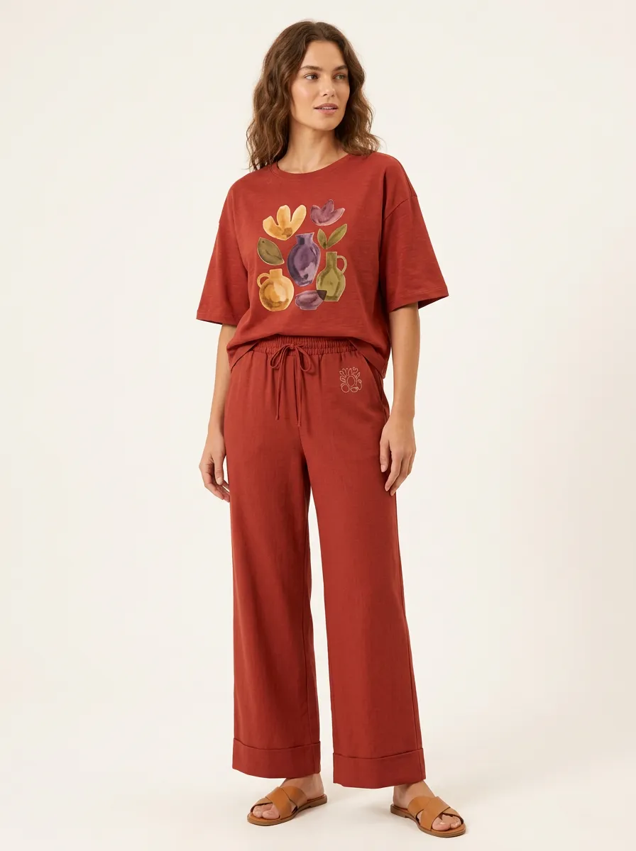 Women's Abstract Vase Floral Embroidered Crewneck T-Shirt and Wide-Leg Pants Set