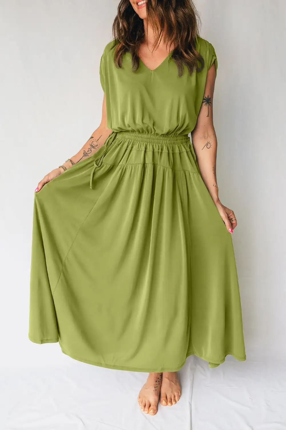 Fern Solid V Neck Cap Sleeve Tunic Elastic Waist