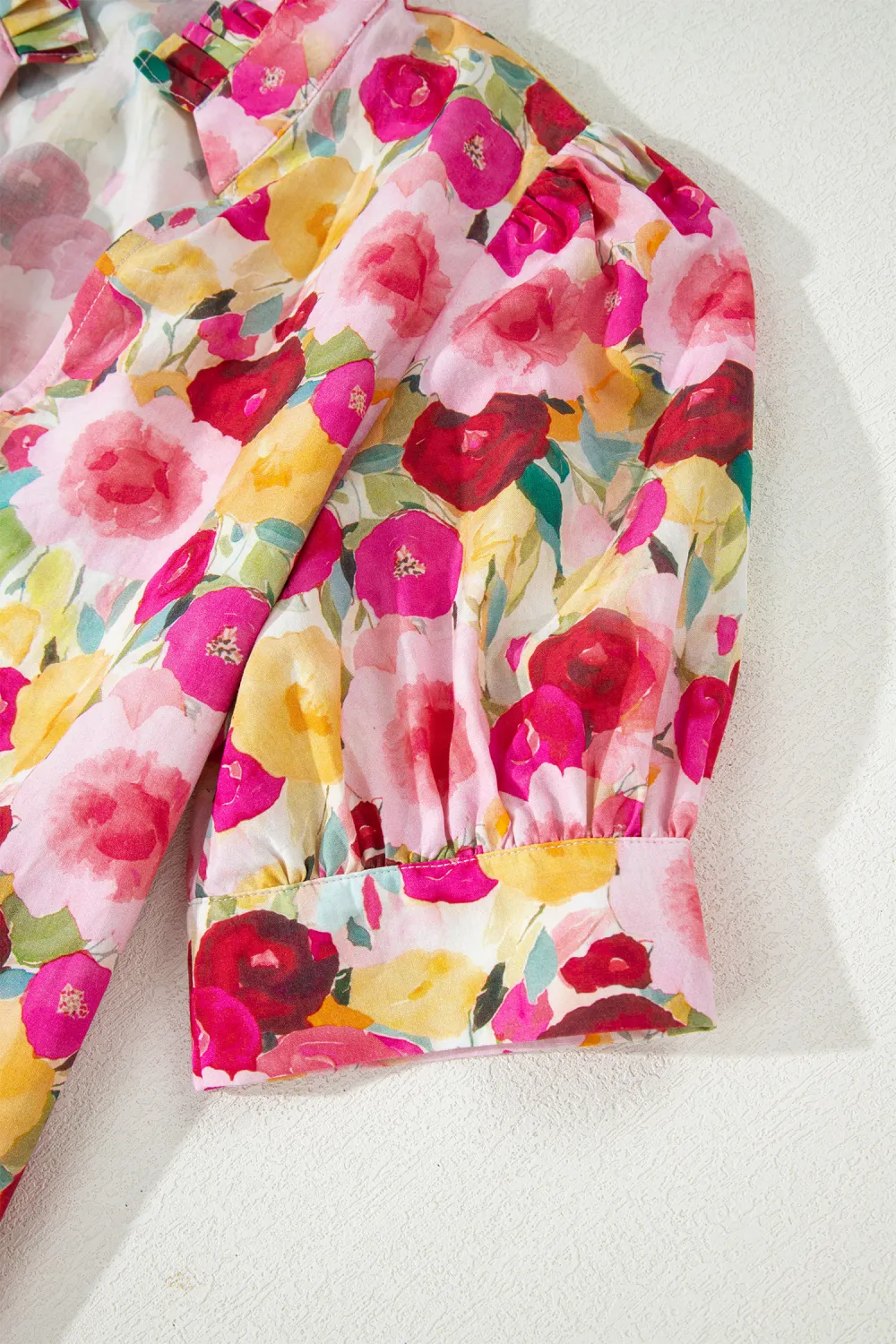 Pink Floral Frilled V Neck Blouse