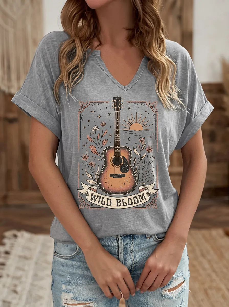 Floral Guitar Western Women's V-Neck T-Shirt