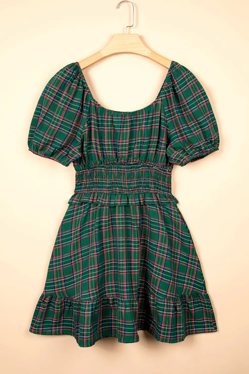 Women's Plaid Short Sleeve Shirred Mini Dress
