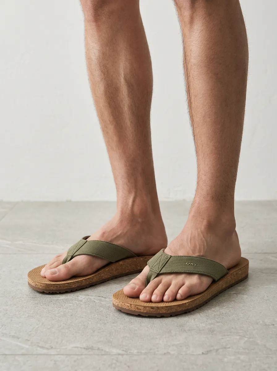 Men's Olive Green Canvas Strap Cork Sole Printed Flip Flops
