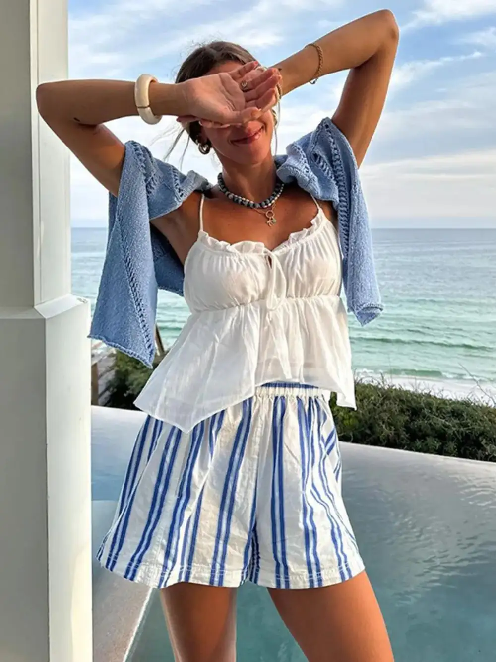 Striped High Waist Linen Blend Shorts
