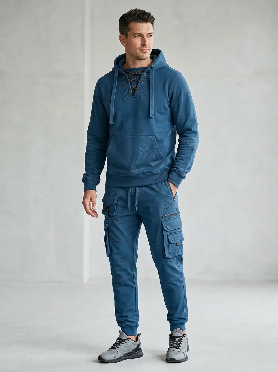 Daily Lace-Up Multi Pocket Profile Men's Lace Up Hoodie And Cargo Jogger Set