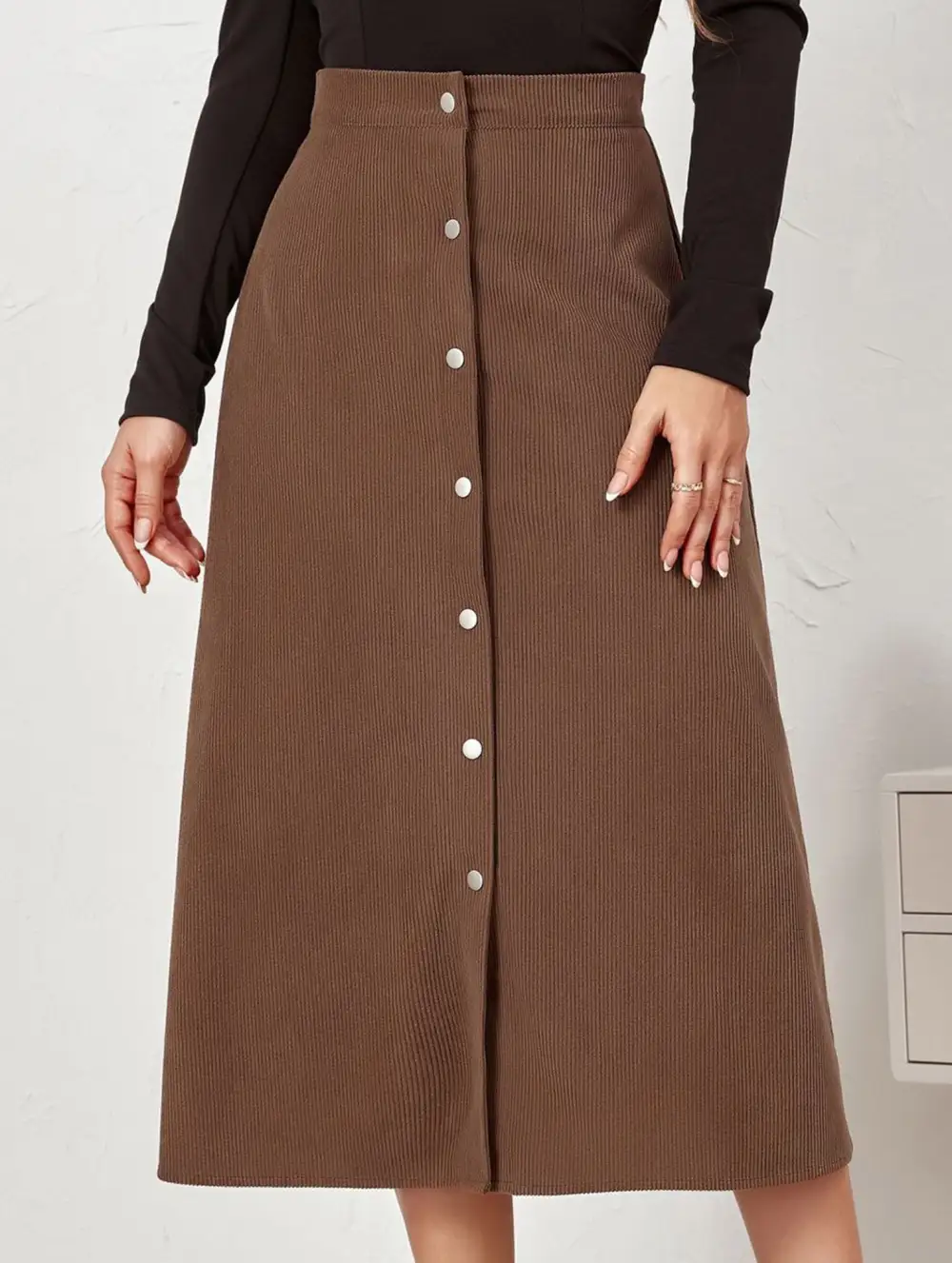 Corduroy Button Front Midi Skirt
