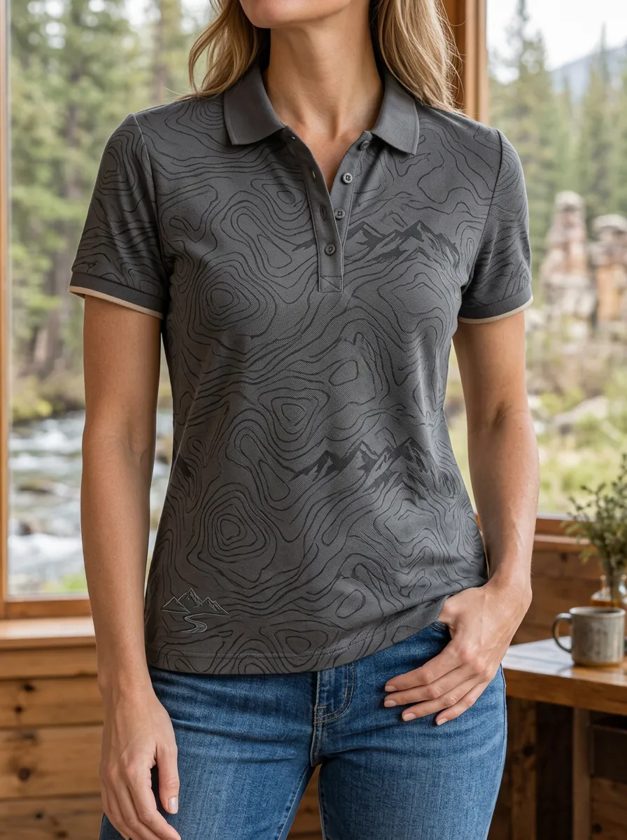 Women's Modern Hiking Lover Mountain Topographic Polo Shirt