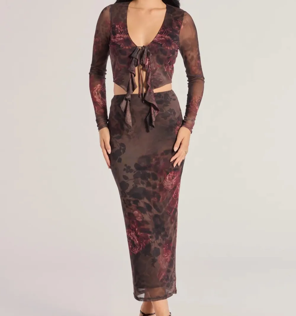 Brown Abstract Print Floral Mesh High-Rise Maxi Skirt