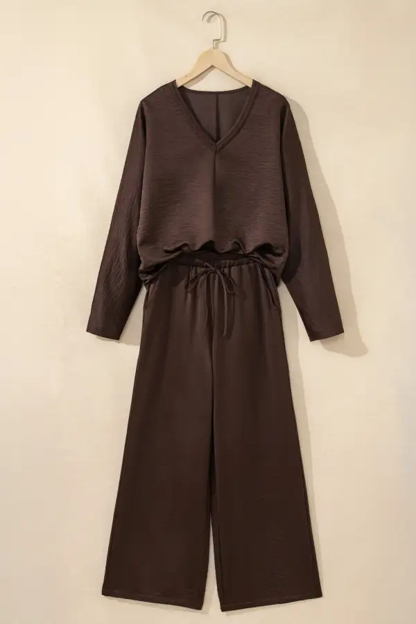 Women's Braided V Neck Long Sleeve Loose Top and Drawstring High Waist Pants Two Piece Outfit