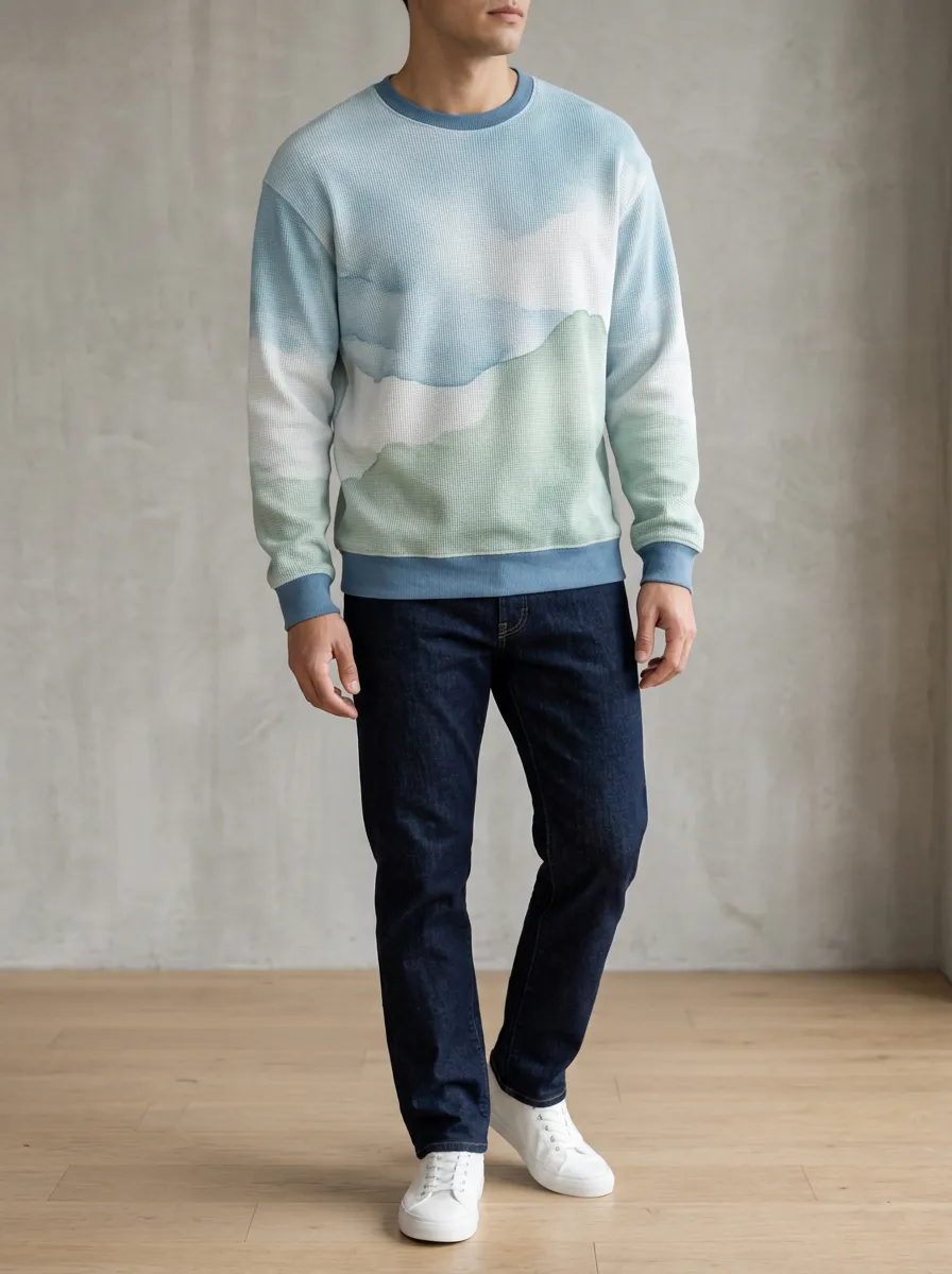 Men's Landscape Mountain Print Waffle Knit Crewneck Sweatshirt