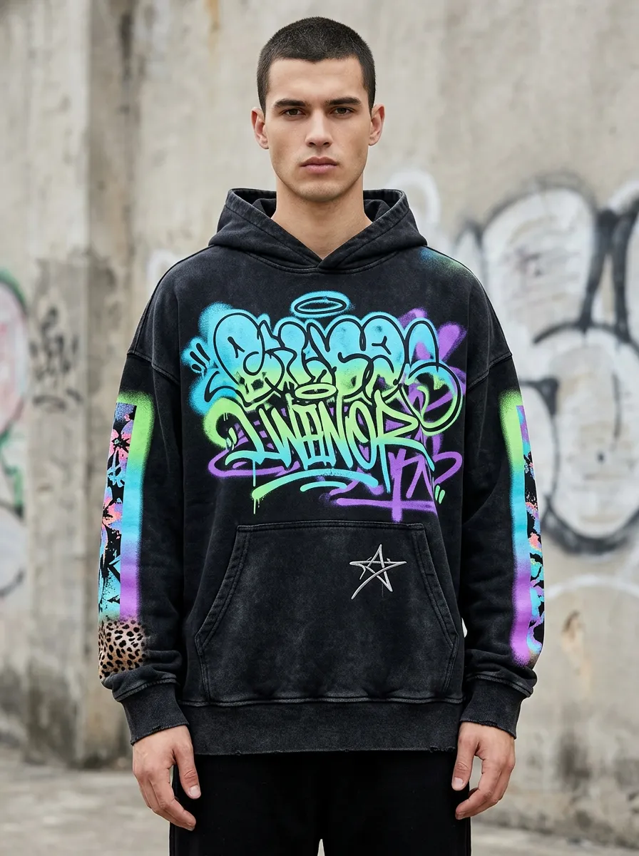 Unisex Streetwear Graffiti Star Leopard Graphic Hoodie