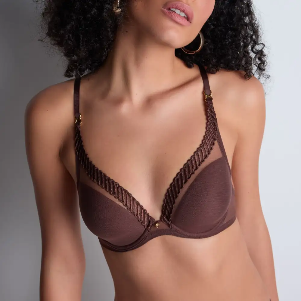 Women's Underwire Spacer Molded Embroidery Mesh Triangle Sheer Detail Deep Neckline Bra