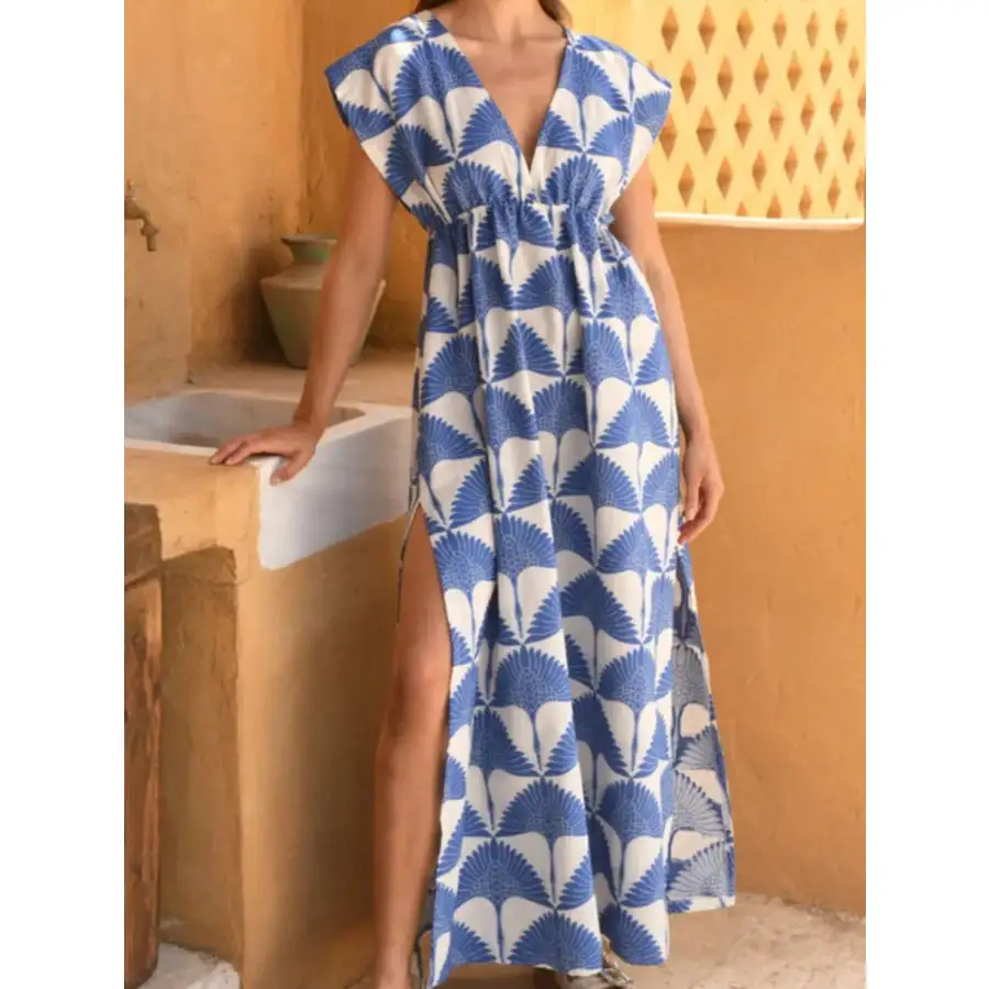 Slit Printed V Neck Cap Sleeve Maxi Dress