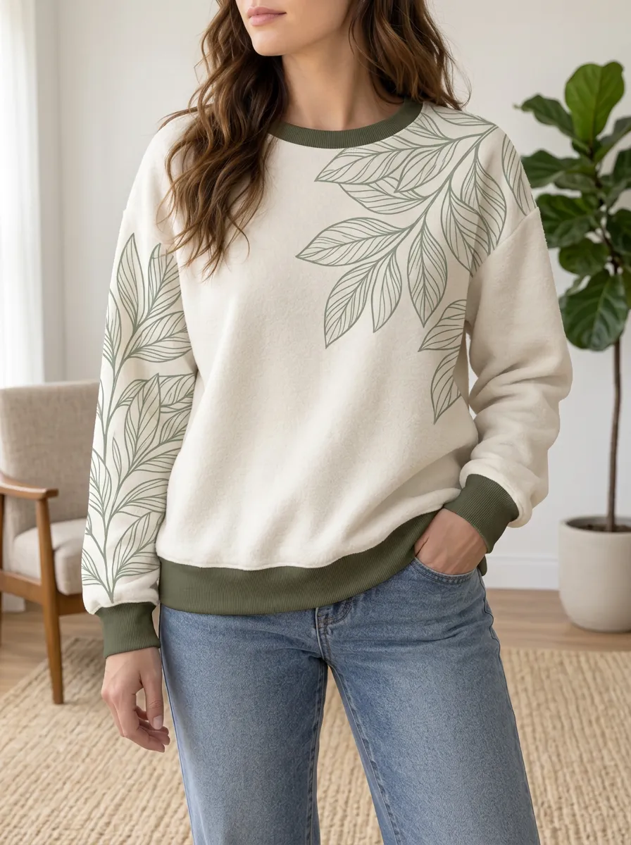 Women's and Sage Leaf Print Crewneck Sweatshirt
